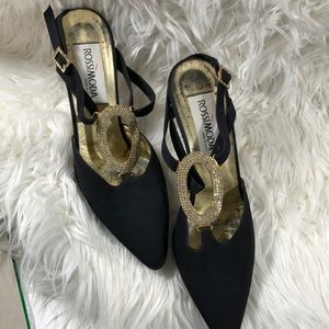 Vintage Rossimoda black sue shoe embellished rhinestone and buckles Sz 9 m
